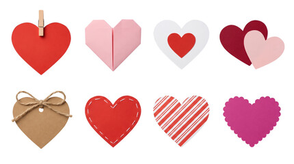 Valentine heart set including paper, origami, stitched, striped, and scalloped variants isolated. Romantic decoration and craft collection.