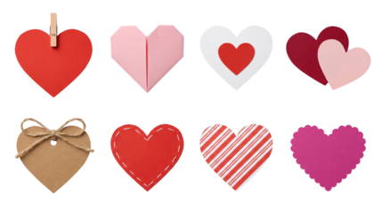 Valentine heart set including paper, origami, stitched, striped, and scalloped variants isolated. Romantic decoration and craft collection.