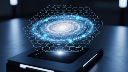 Cosmic Display: An advanced technological concept showcases a stunning holographic galaxy model, blending science and innovation with futuristic design.