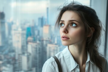 Fototapeta premium Woman gazing thoughtfully out of a tall building window in a bustling cityscape
