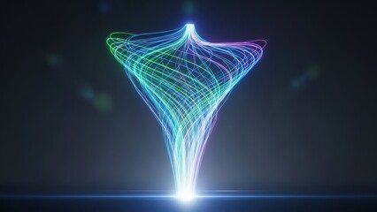 A vibrant and colorful abstract light sculpture in a dark space