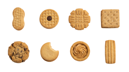 Peanut butter cookie set including sandwich, waffle, fork pressed, graham cracker, chocolate chip, bitten, and cup variants. Assorted sweet snack and biscuit collection.