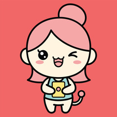 Obraz premium Cute cartoon girl with pink hair holding a yellow puzzle piece