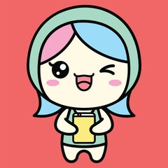 Obraz premium Cute cartoon girl winking and holding a smartphone with a red background