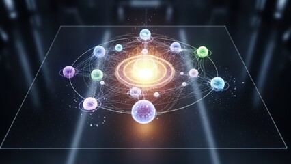 A vibrant digital illustration of a glowing atomic structure in space
