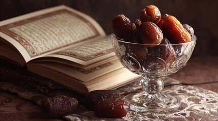 A bowl of dates sits next to an open book on a decorative tablecloth