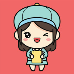 Cute cartoon girl with brown hair wearing a blue helmet and holding a yellow tablet