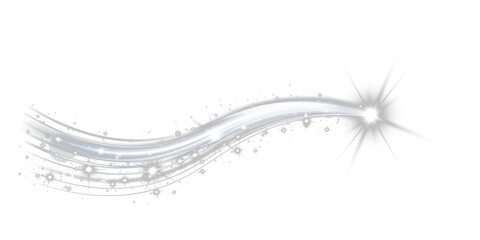 White glowing light wave with star sparkles on black background, abstract luminous magic trail with motion effect for overlays, fantasy design, energy flow PNG. © Olga