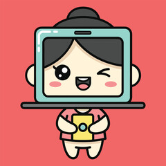 Cute cartoon character with a tablet and a small robot holding a camera