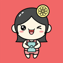Cute cartoon girl with black hair holding a blue game controller and a lemon slice on her head
