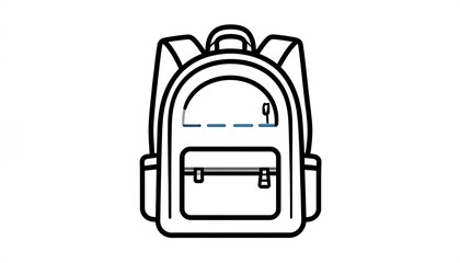A black and white line-art illustration of a basic backpack, front view, isolated on white