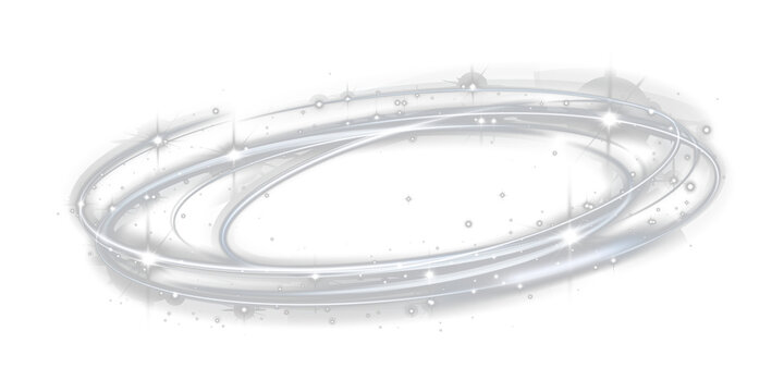 White glowing light swirl ring with sparkles on transparent background, abstract luminous energy effect for overlays, magic trails, modern motion design PNG.