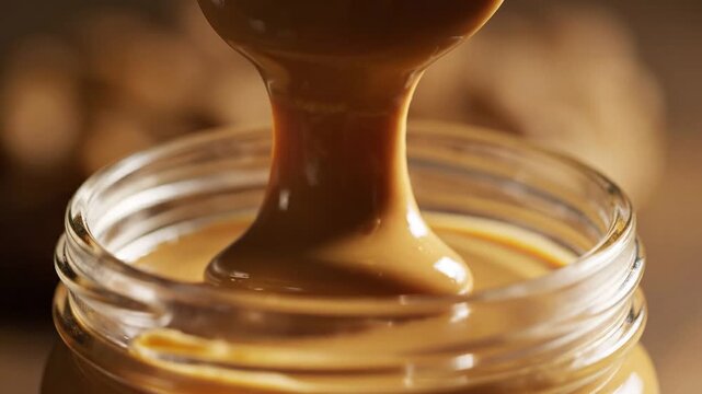 Close up of Smooth Peanut Butter Texture Being Scooped with a Spoon