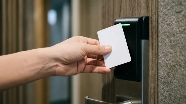 Secure hand using white keycard on modern digital door lock with bokeh.