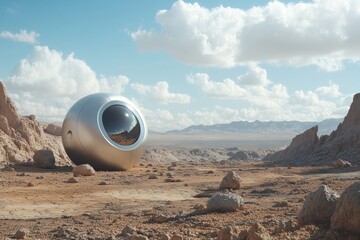 Futuristic pod resting in a barren landscape under a clear blue sky