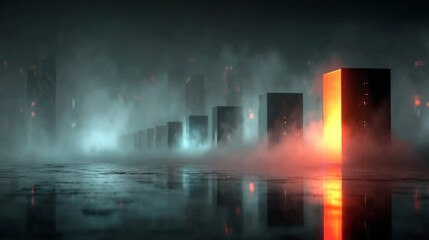Futuristic cityscape emerges from atmospheric fog with glowing monolithic structures and vibrant neon lights reflected on wet ground