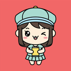 Cartoon girl with brown hair wearing a blue cap and holding a yellow book
