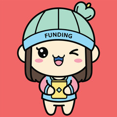 Cute cartoon character with a funding hat and a yellow diamond-shaped on a red background