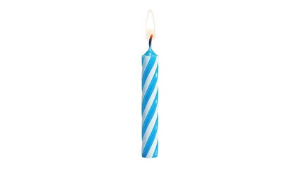 Blue and white striped birthday candle with flame isolated PNG, festive decoration for celebration...