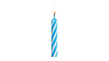 Blue and white striped birthday candle with flame isolated PNG, festive decoration for celebration and party supplies on transparent background