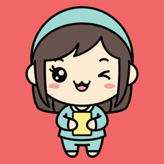Cute cartoon character with blue helmet and winking expression on pink background