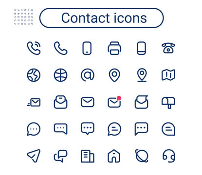 Simple small contact line icon set. Rounded mini communication vector icons. Pixel perfect.