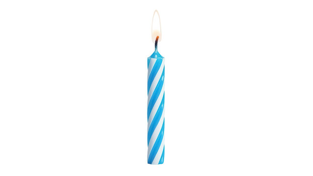 Blue and white striped birthday candle with flame isolated PNG, festive decoration for celebration and party supplies on transparent background