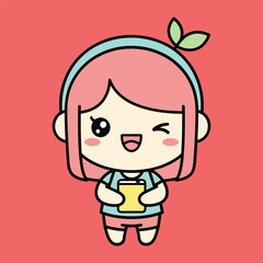Cute cartoon character with headphones and smartphone on pink background