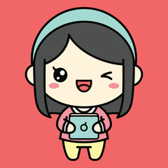 Cute cartoon girl with headphones and game controller smiling on red background