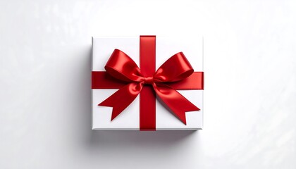 Overhead studio shot of a white gift box tied with a bright red ribbon and bow on a plain surface