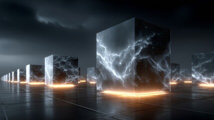 Stunning digital cubes with vibrant energy pulses illuminate a dark, futuristic landscape, evoking innovation and power