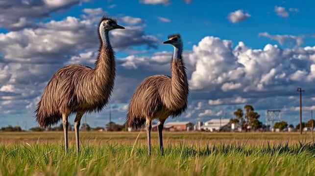 Two emus standing in grassy field