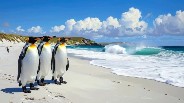 Three king penguins stand together on a sandy beach with ocean waves.