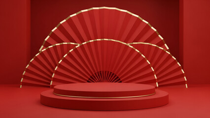 Elegant red fan display on pedestal