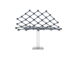 Physical molecular model with metallic spheres forms a crystal lattice structure on a modern stand, representing science, technology, and network connections in a studio shot