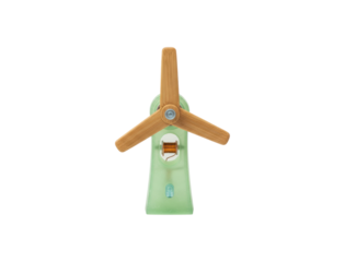 Simple educational electric motor model with a wooden three-blade propeller and visible copper coil demonstrates the basic physics principles of electromagnetism