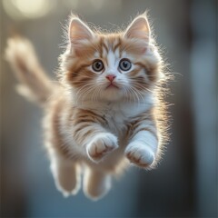 A kitten is jumping in the air