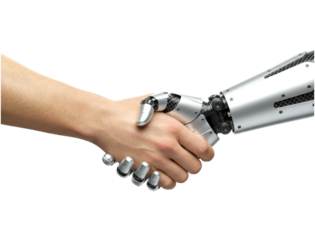 Human hand and a metallic robotic arm shaking in a firm handshake symbolizes the future of collaboration, technology, artificial intelligence, and human-machine partnership