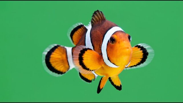 Vibrant Ocellaris Clownfish, known for its distinctive orange and white stripes, swimming directly towards the camera against a bright chromakey green background.