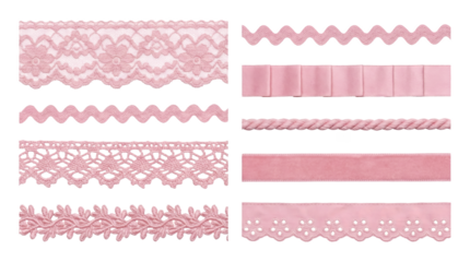 Pink ribbon and lace set including crochet, ricrac, velvet, eyelet, and pleated trim variants. Sewing and haberdashery collection for craft projects.