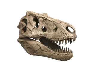 Obraz premium Detailed Tyrannosaurus Rex skull fossil with its powerful jaw open, revealing rows of sharp teeth and a cracked, weathered texture from millions of years of fossilization