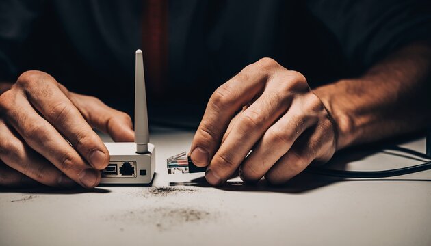Close-up of hands connecting an Ethernet cable to a white wireless router, with dark debris on the table.