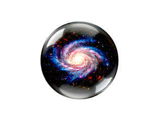 Transparent glass sphere containing a vibrant spiral galaxy with a glowing core and colorful cosmic nebula, representing the concept of a universe within a bubble