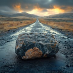 A stone in the middle of the road.