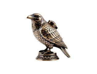 Obraz premium Detailed antique bronze raven figurine with a small hinged box on its back stands proudly on an ornate pedestal with intricate carvings