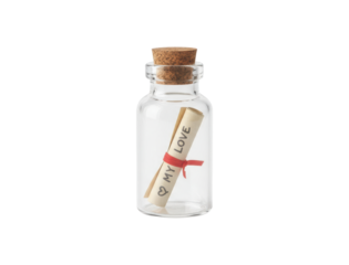 Small clear glass bottle with a cork stopper contains a romantic love letter written on a paper scroll tied with a delicate red ribbon, conveying a heartfelt message