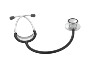 Classic medical stethoscope with black tubing and a silver metal chestpiece lies ready for a health examination, diagnosis, or auscultation in a clinical setting