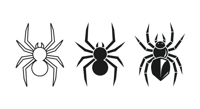 A set of three black and white spider illustrations on a plain white background