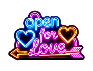 Vibrant neon sign with the romantic phrase 'open for love' glows in blue, pink, and yellow, featuring illuminated heart shapes and an arrow in a retro, welcoming style