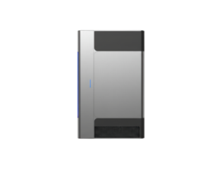 Sleek network attached storage device with a minimalist brushed aluminum casing, glowing blue LED indicator lights, and a ventilation grille for data server and cloud concepts